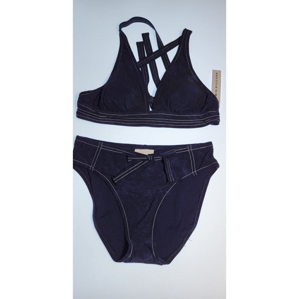 Robin Piccone Bikini Womens Swim Top V-Neck Bottom High Rise Sz Medium Navy Blue